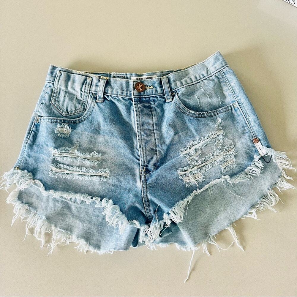 ONE TEASPOON High Rise Le Wolves Distressed Mid Blue Wash Denim Cutoffs Short 25